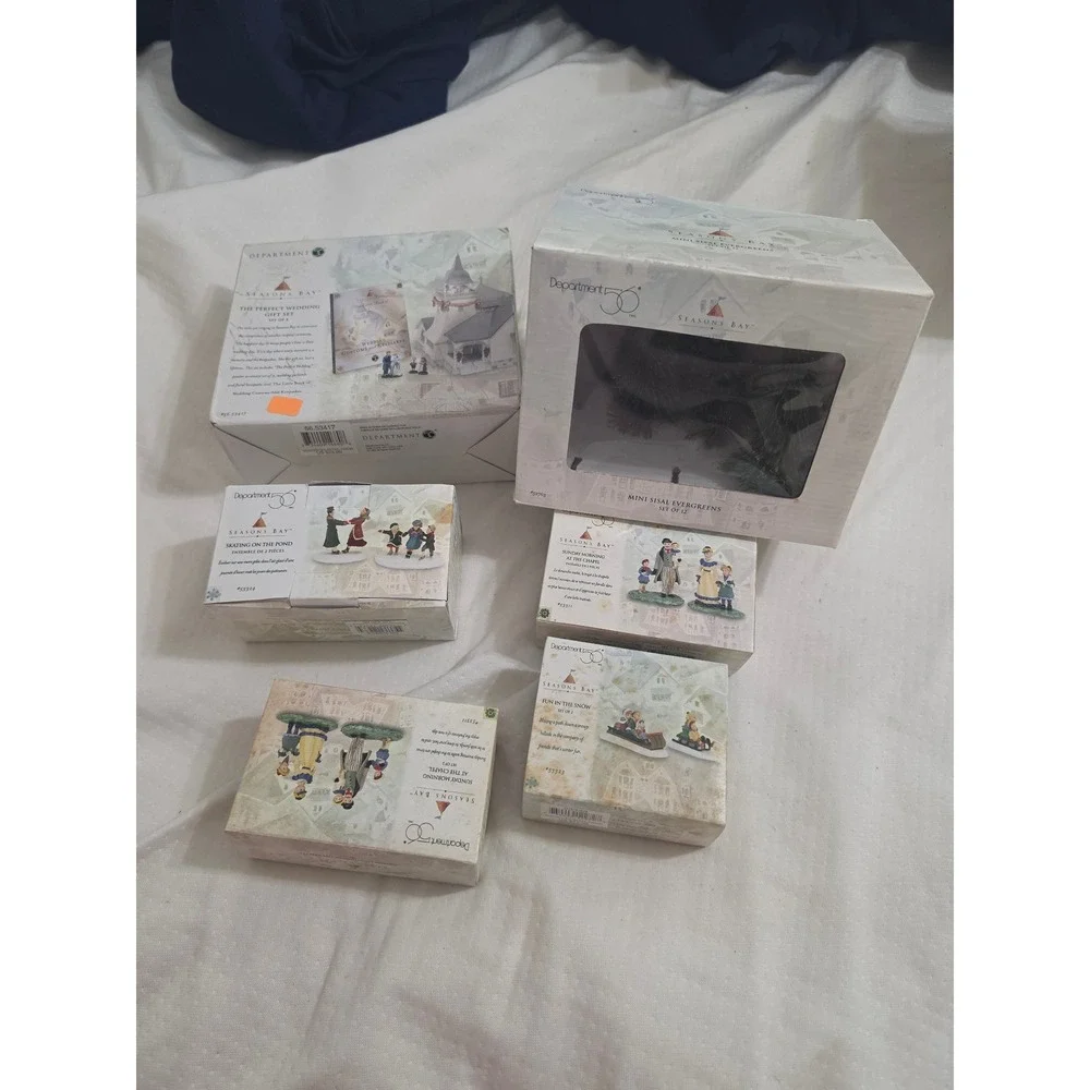 Dept 56 Seasons Bay Village Lot Wedding Skating Sunday Morning Fun Snow Trees ×5